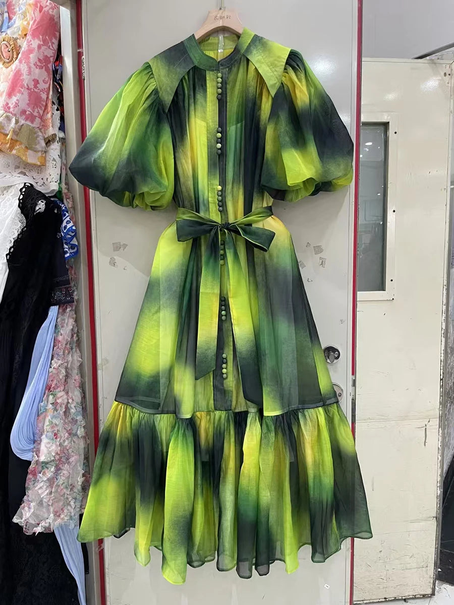 Hit Color Spliced Lace Up Loose Dresses For Womne O Neck Half Sleeve High Waist Long Dress Female Fashion Style New