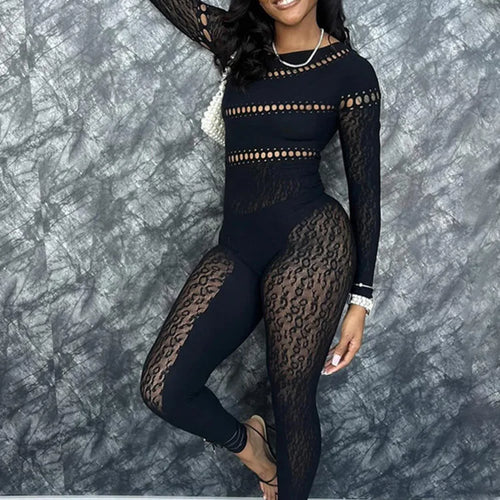 Load image into Gallery viewer, Sexy Long Sleeved Mesh Hollow Out Patch Women Jumpsuit 2024 Fall New Elastic Tight Fitting Female Street Club Clothing
