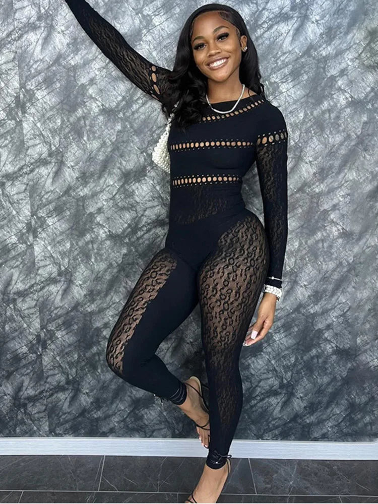 Sexy Long Sleeved Mesh Hollow Out Patch Women Jumpsuit 2024 Fall New Elastic Tight Fitting Female Street Club Clothing