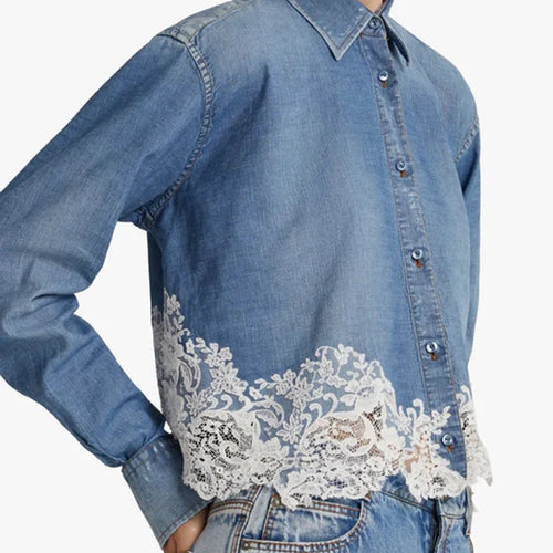 Load image into Gallery viewer, Spliced Lace Casual Denim Shirt For Women Lapel Long Sleeve Patchwork Single Breasted Temperament Loose Blouse Female
