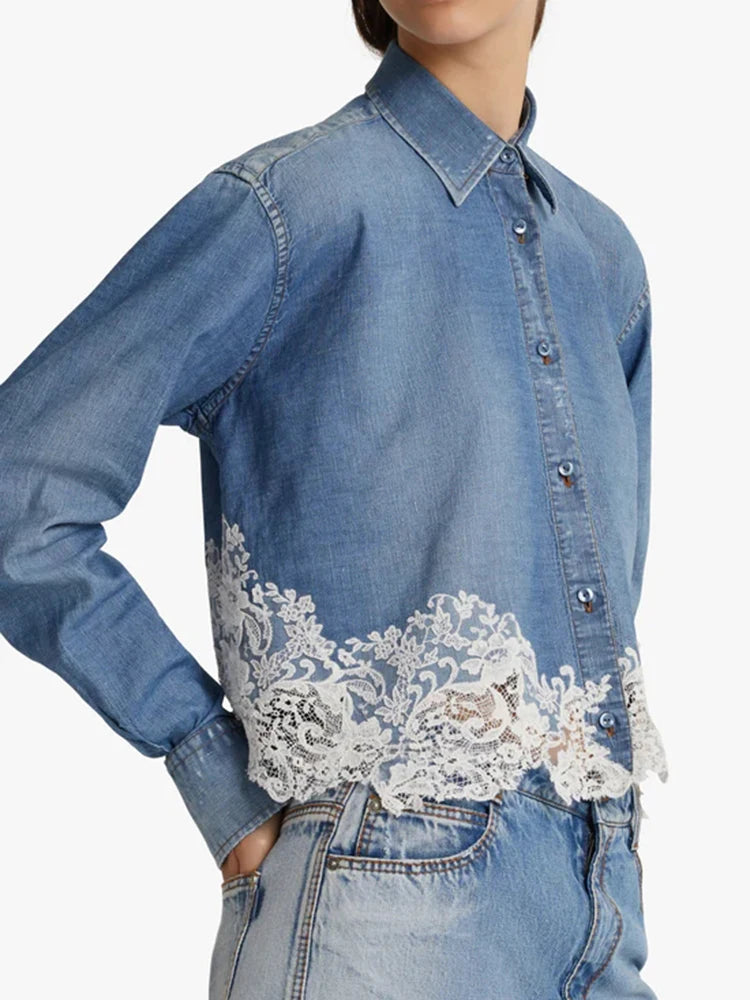 Spliced Lace Casual Denim Shirt For Women Lapel Long Sleeve Patchwork Single Breasted Temperament Loose Blouse Female