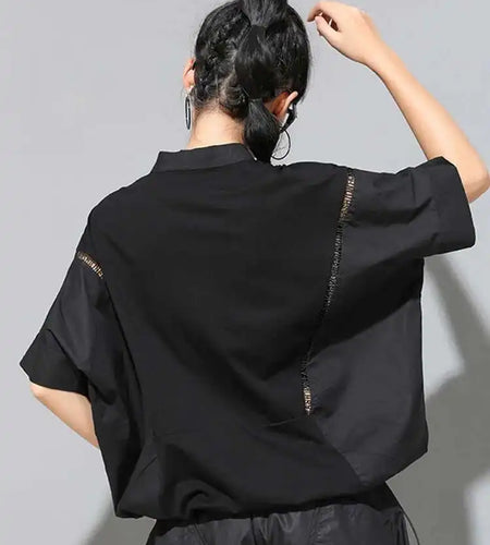 Women Black Color-block Big Size T-shirt New Stand Collar Half Batwing Sleeve Fashion Tide Spring Summer 2025 1DE9318