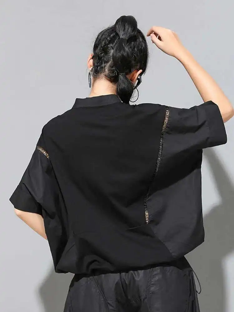 Women Black Color-block Big Size T-shirt New Stand Collar Half Batwing Sleeve Fashion Tide Spring Summer 2025 1DE9318