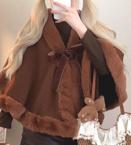 Y2k Aesthetic Fashion Lolita Cloak Coats Sweet Kawaii Fluffy Vintag Elegant Capes Loose Bandage Cute Bow Women Jacket Streetwear