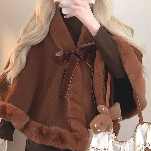 Load image into Gallery viewer, Y2k Aesthetic Fashion Lolita Cloak Coats Sweet Kawaii Fluffy Vintag Elegant Capes Loose Bandage Cute Bow Women Jacket Streetwear
