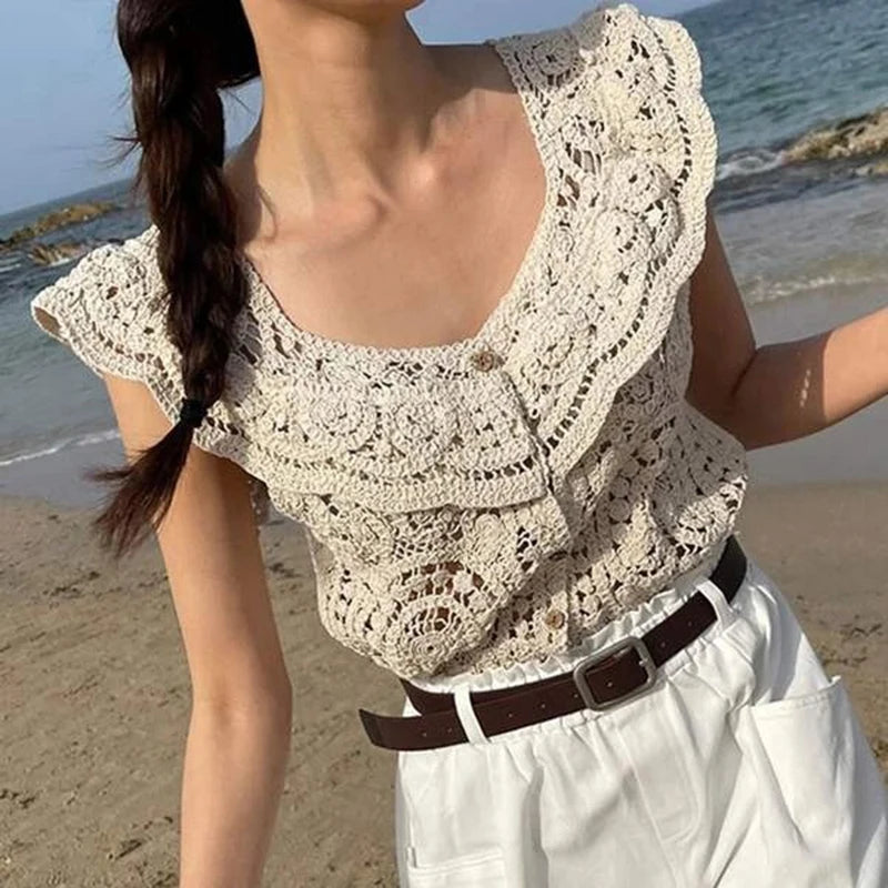 Crochet Crop Top Women Summer Clothes Cutout V Neck Fly Sleeve Buttons T Shirt Vest y2k Clothing Beach Streetwear