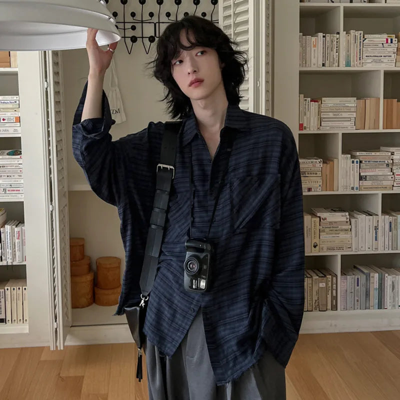 Men Plaid Design Long Sleeved Shirt New Spring Loose Casual Single Breasted Shirts Korean Turn-down Collar Trendy 9W1445