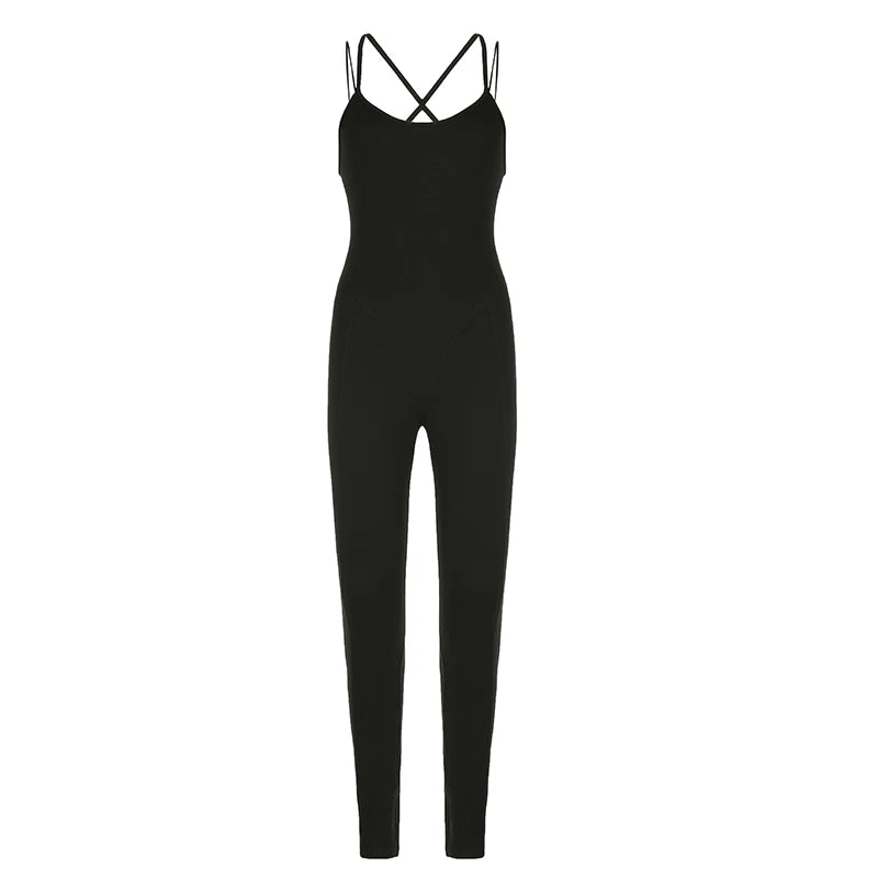 Streetwear Spaghetti Strap Fitness Summer Jumpsuit Backless Solid One Piece Bodysuit Gym Rompers Workout Yoga Outfits