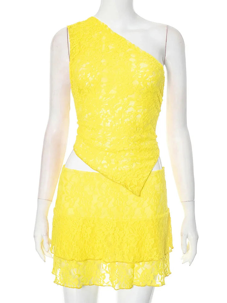 Sexy Slim Fit Women's  Two-piece Set Patchwork Irregular Lace Top And Fashion Short Skirt Two-piece Set Ladies Outfits