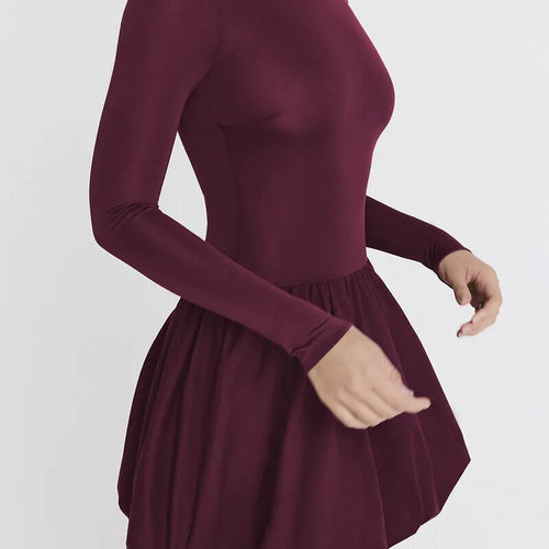 Load image into Gallery viewer, Turtleneck Long Sleeve Sexy Mini Dress For Women Robe Fashion Burgundy Patchwork High Waist A-line Club Pleated Dress
