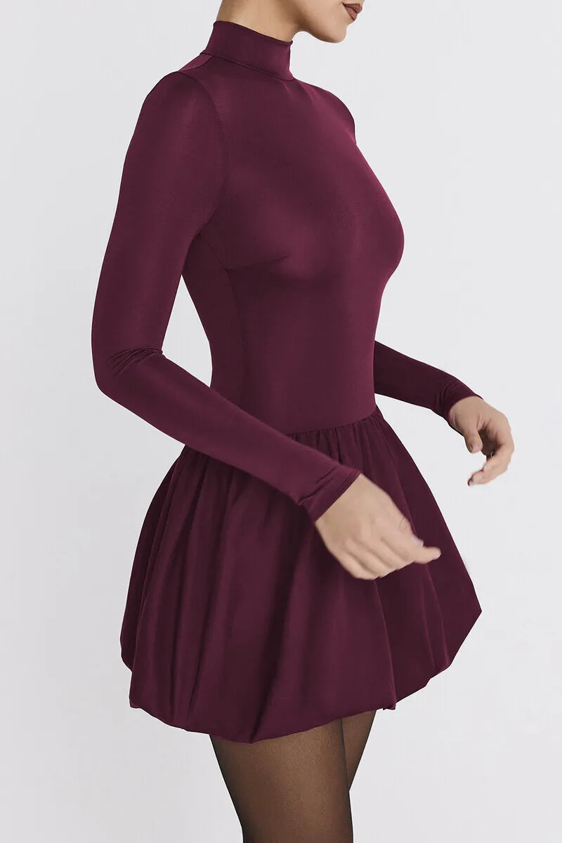 Turtleneck Long Sleeve Sexy Mini Dress For Women Robe Fashion Burgundy Patchwork High Waist A-line Club Pleated Dress