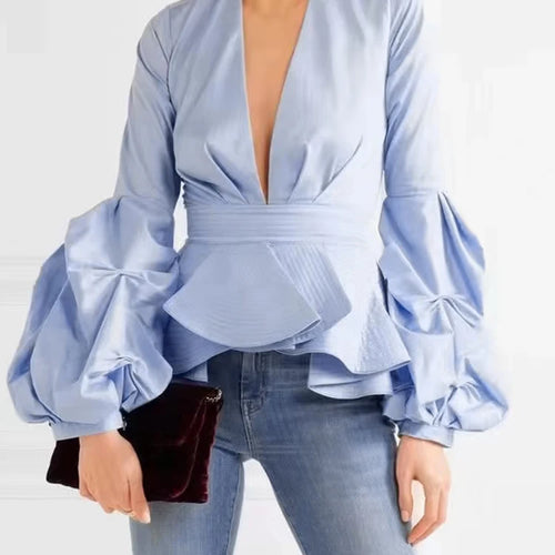 Load image into Gallery viewer, Solid Patchwork Ruffles Casual Shirts For Women V Neck Long Sleeve Tunic Temperament Blouses Female Autumn Fashion Style
