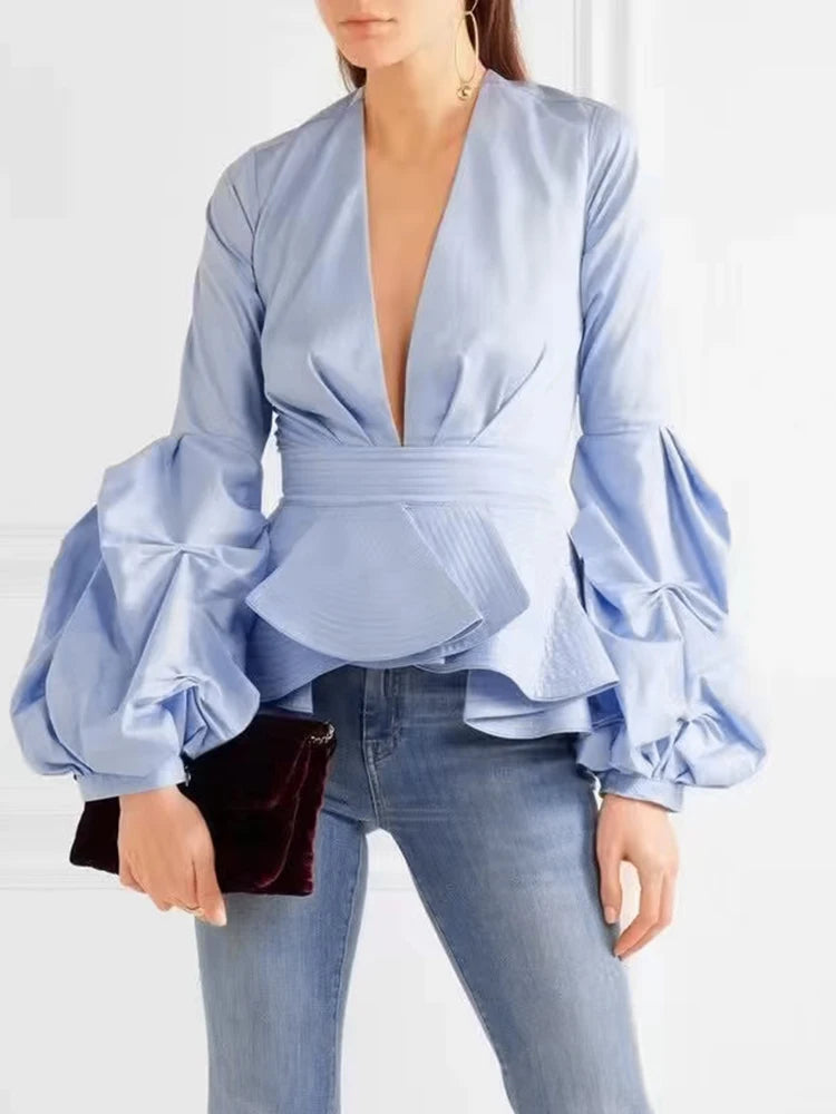 Solid Patchwork Ruffles Casual Shirts For Women V Neck Long Sleeve Tunic Temperament Blouses Female Autumn Fashion Style
