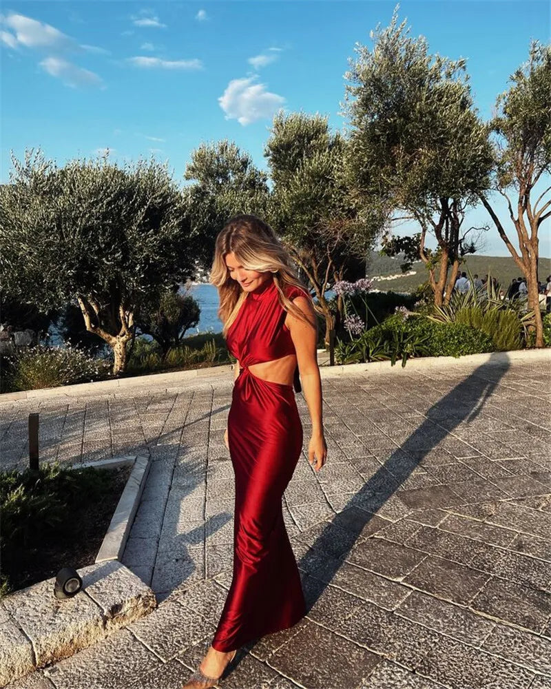 Hollow Out Turtleneck Sexy Maxi Dress For Women Fashion Solid Sleeveless Bodycon Tank Dresses Femme Club Party Dress