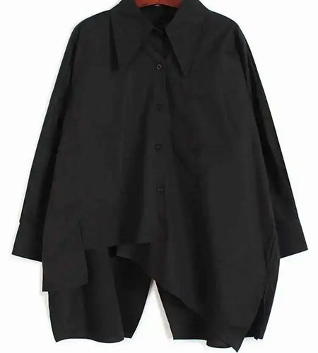 Women Black Color-block Irregular Big Size Blouse New Lapel Long Sleeve Loose Fit Shirt Fashion Spring Autumn 2025 1DE7482
