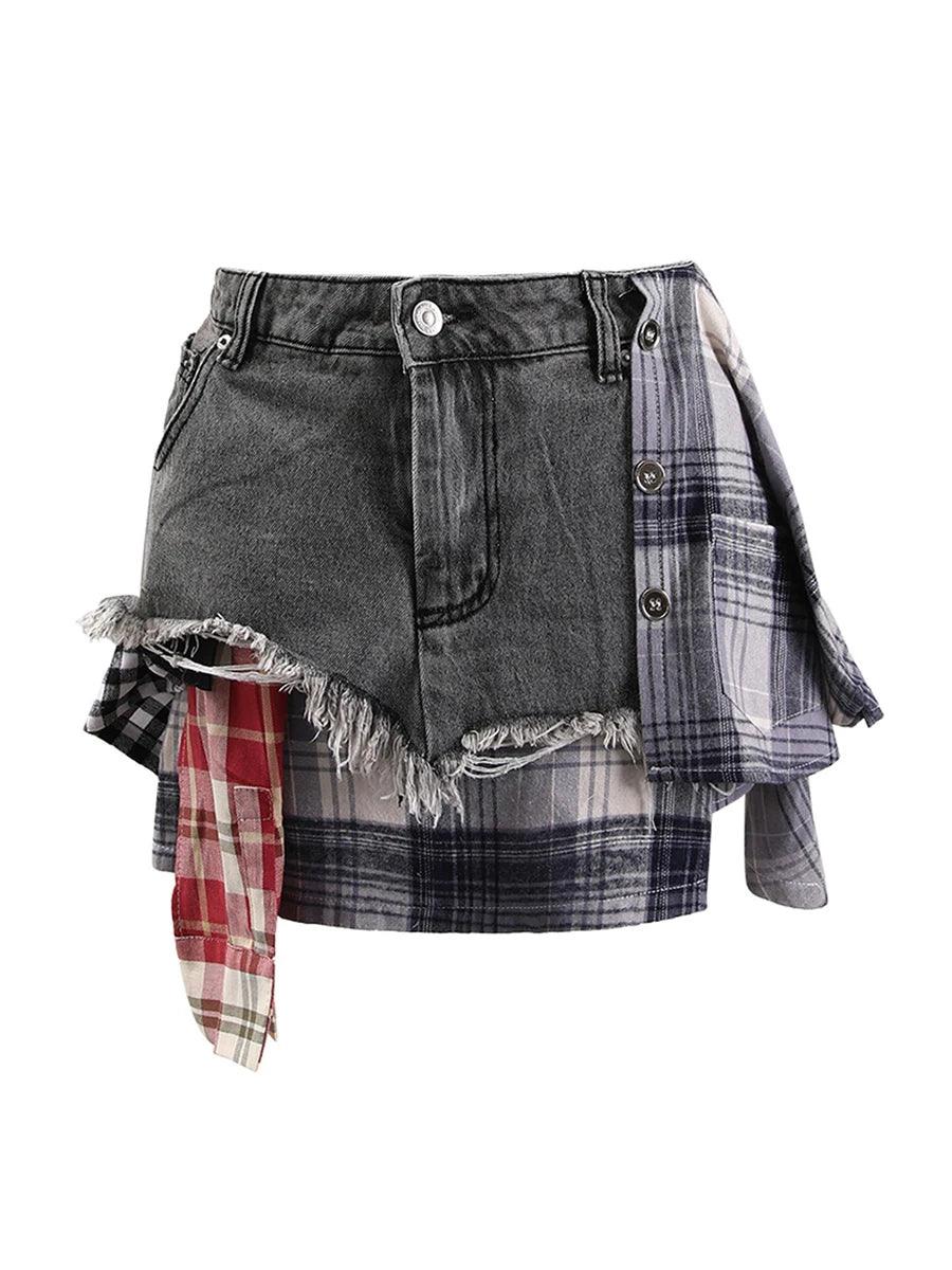 Colorblock Asymmetrical Denim Skirts For Women High Waist Spliced Button High Street Skinny Skirts Female Fashion