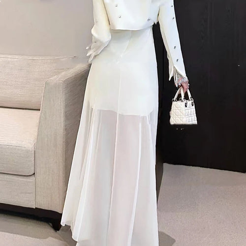 Load image into Gallery viewer, Spliced Diamonds Two Piece Set For Women Strapless Sleeveless High Waist Temperament Dress Long Coat Sets Female
