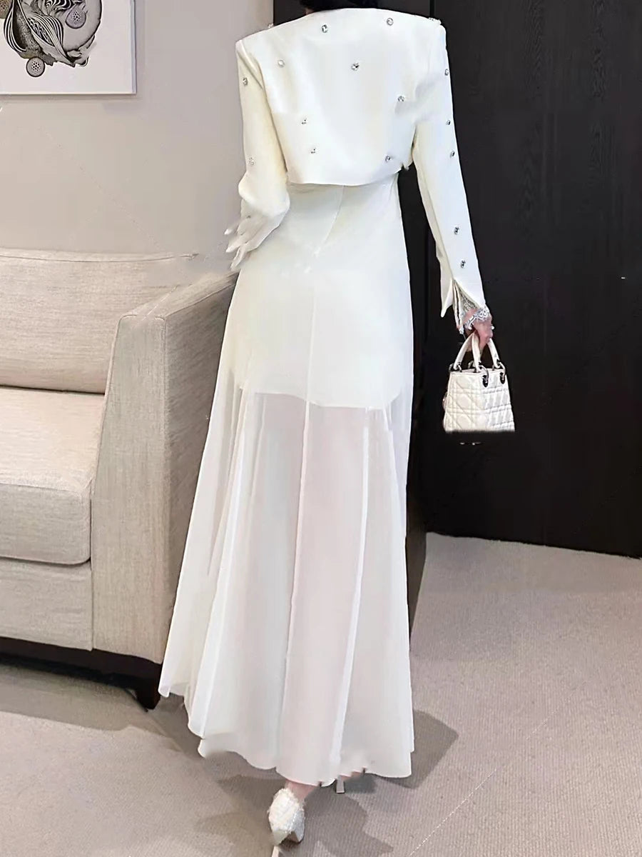 Spliced Diamonds Two Piece Set For Women Strapless Sleeveless High Waist Temperament Dress Long Coat Sets Female