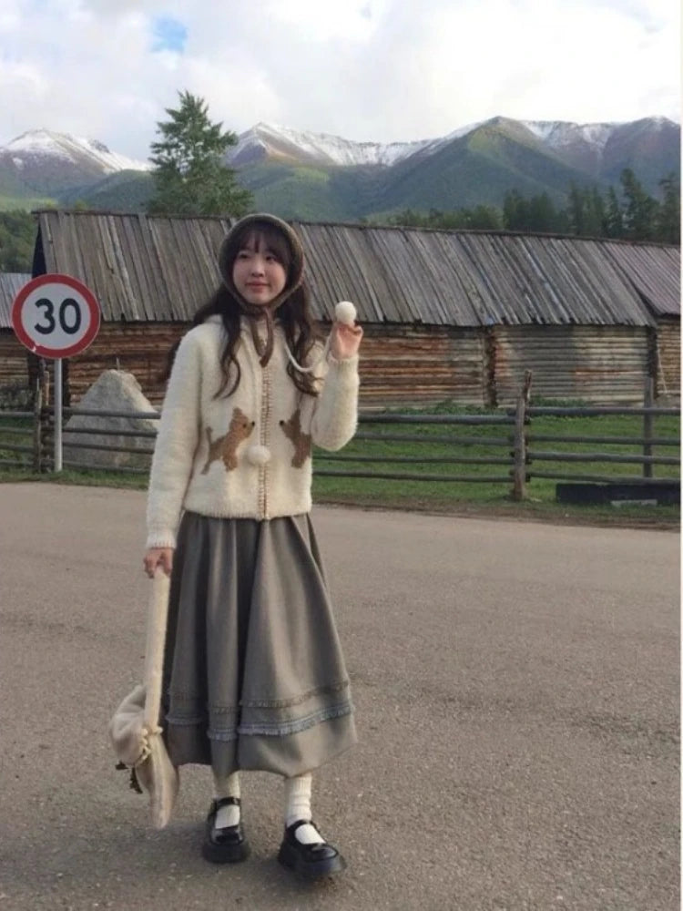 Y2k Aesthetic Streetwear Cartoon  Knitted Hooded Cardigan Fashion Casual Women Zipper Coats Japanese Sweet All Match Loose Tops