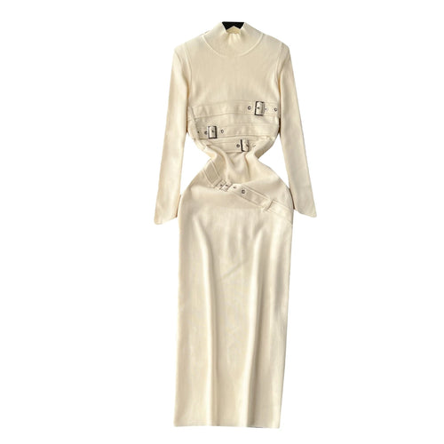 Load image into Gallery viewer, Women Beige Workwear Style Design Knit Dress Autumn Winter 2023 New Casual Half High Collar Black Pullover Office Lady Dress Y2k
