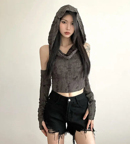 Crop Tops Woman Tshirts Fashion Korean Camisetas Hooded Long Sleeve Tunic Tees 2024 Ropa Mujer Harajuku Hole Summer Y2k T Shirt