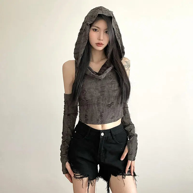 Crop Tops Woman Tshirts Fashion Korean Camisetas Hooded Long Sleeve Tunic Tees 2024 Ropa Mujer Harajuku Hole Summer Y2k T Shirt