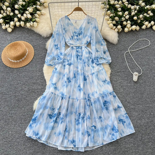 Load image into Gallery viewer, French Women Vintage Sweet Printed Birthday Evening Party Long Dresses Autumn New V Neck  Lantern Sleeves Pleated Dress Bohemian
