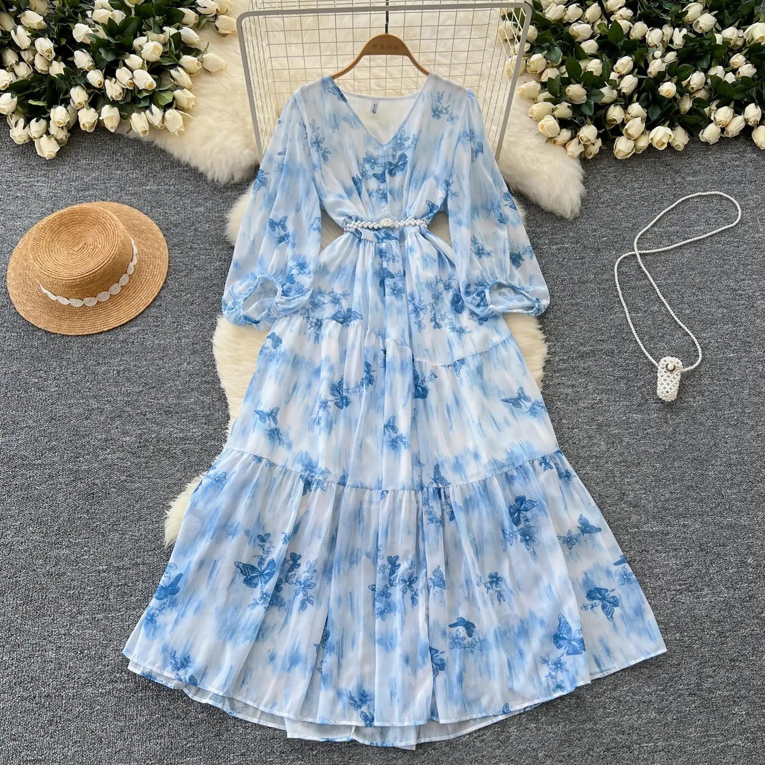 French Women Vintage Sweet Printed Birthday Evening Party Long Dresses Autumn New V Neck  Lantern Sleeves Pleated Dress Bohemian