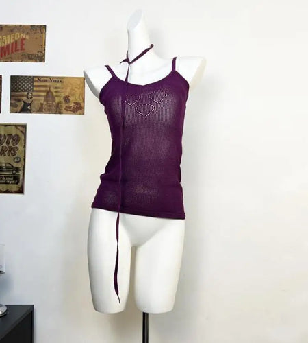Summer Women Purple Slim V-neck Sleeveless Knitwears Tops Korean Fashion Sexy Club Hollowed Out Spaghetti Strap Short Vest Trend