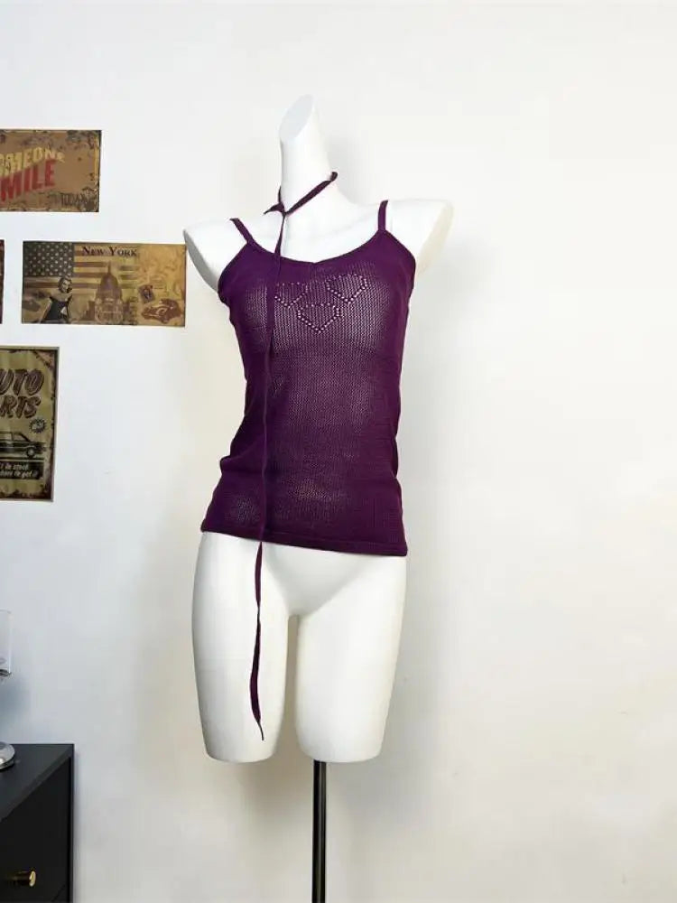 Summer Women Purple Slim V-neck Sleeveless Knitwears Tops Korean Fashion Sexy Club Hollowed Out Spaghetti Strap Short Vest Trend