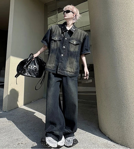 Men's Pants Set New Summer Split Leather Rivet Short Sleeve Denim Jacket Male Loose Gradient Color Tredny Trousers 9W1792