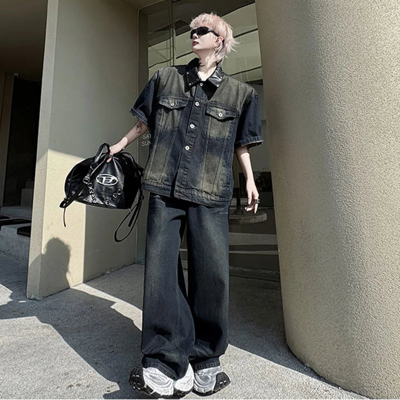 Men's Pants Set New Summer Split Leather Rivet Short Sleeve Denim Jacket Male Loose Gradient Color Tredny Trousers 9W1792