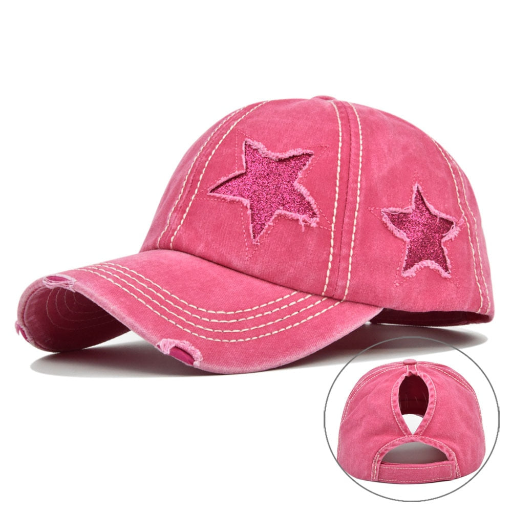 Hole Star Baseball Cap Spring Sunhat Washed Girls Women Cotton Snapback Caps Fashion Hip Hop Vintage Female Ponytail Hat