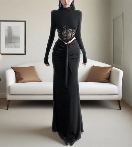 y2k Tops for Women Coquette Clothing Lace Patchwork High Neck Long Sleeve T Shirts 2000s Aesthetic Clothes Streetwear