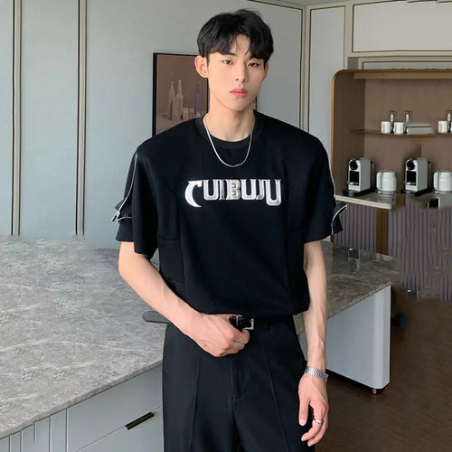 Load image into Gallery viewer, Summer Men&#39;s T-shirt Three-dimensional Letter Zippers Patchwork O-neck Short Sleeve Male Tees Trend Korean Style 9C6795
