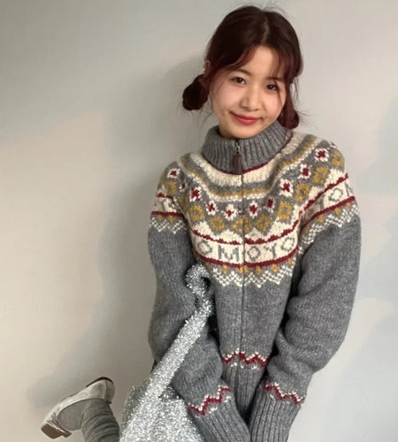 Jacquard Sweet Christmas Vintage Cardigans Women Harajuku Zipper Grunge Sweaters Loose Streetwear Knitted Coats Y2k Aesthetic