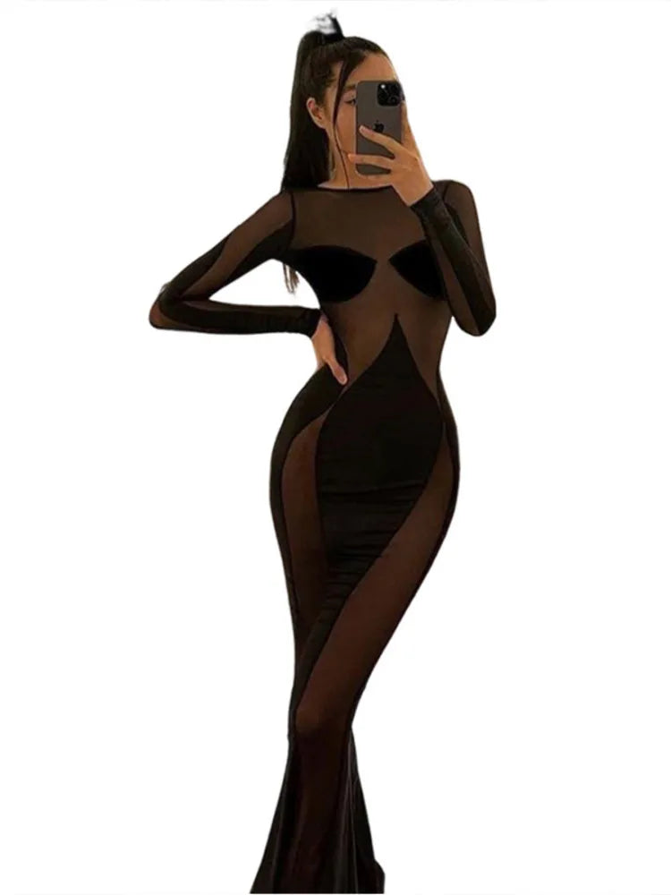 Sexy Mesh Perspective Patchwork Bodycon Party Club Evening Dress Women Long Sleeve Spring Summer New 2025 Slim Vestido