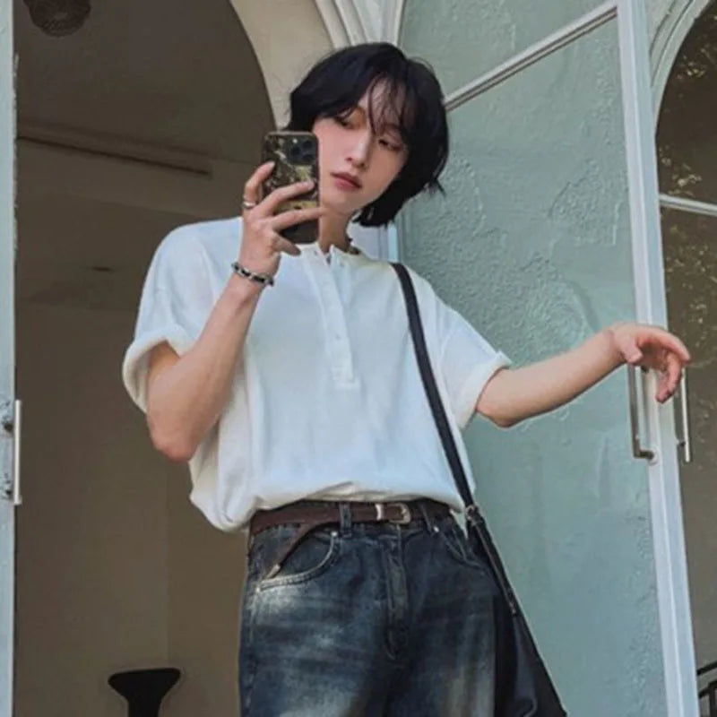 Men's Short Sleeve T-shirt New Summer Loose Solid Color T-shirts Korean V-neck Half Buttons Trendy Male Clothing 9W1616