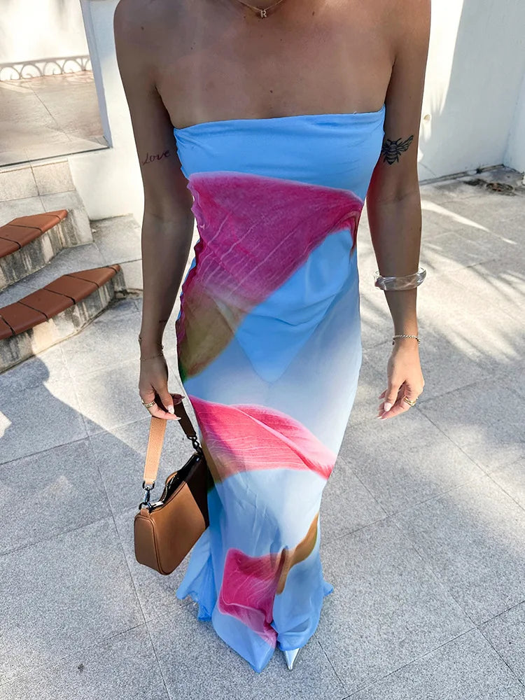 Floral Print Strapless Sexy Maxi Dress For Women Gown Patchwork Off-shoulder Backless Sleeveless Print Long Dress