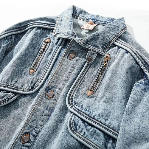Load image into Gallery viewer, Autumn Men Denim Jacket Solid Color Male Lapel American New Stylish Outwear Washed Patchwork Multi-pocket 12A5983
