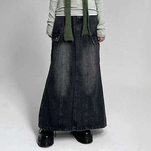 Load image into Gallery viewer, Korean Fashion Straight Loose Denim Skirt Women Cargo Style Pockets Distressed Long Skirt Harajuku Slit Stitching
