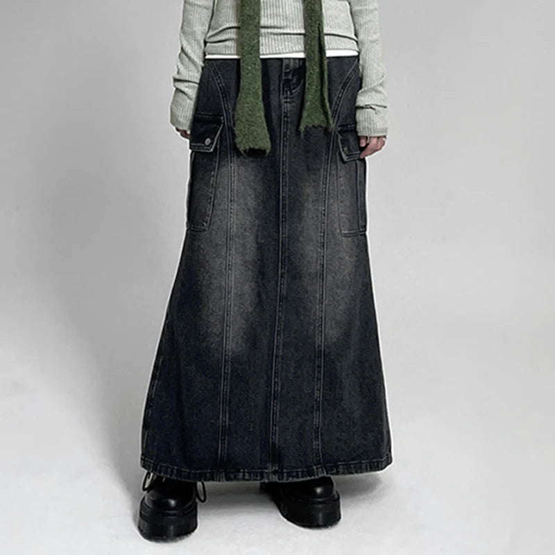 Korean Fashion Straight Loose Denim Skirt Women Cargo Style Pockets Distressed Long Skirt Harajuku Slit Stitching