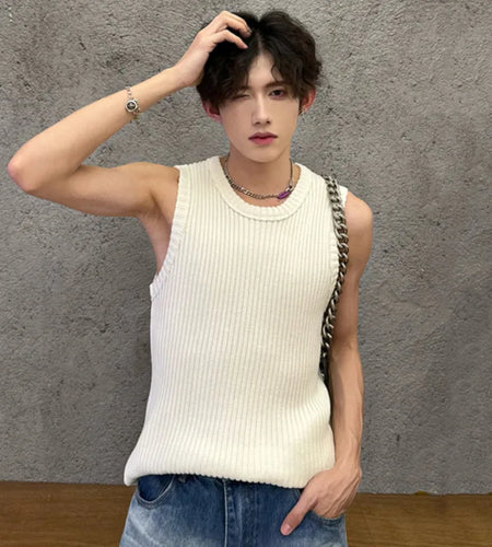 Korean Style Summer Men's Tank Tops Minimalist Loose Solid Color Sleeveless Knitting Male Fashion Top Trend 9C6076