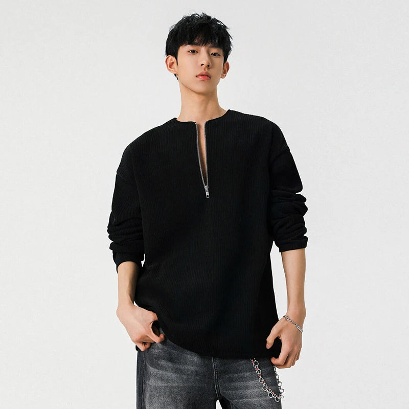 Men's T-shirts Half Zipper O-neck Solid Color Loose Casual Long Sleeve Style T-shirt 2025 Spring Summer Trend 9W1302