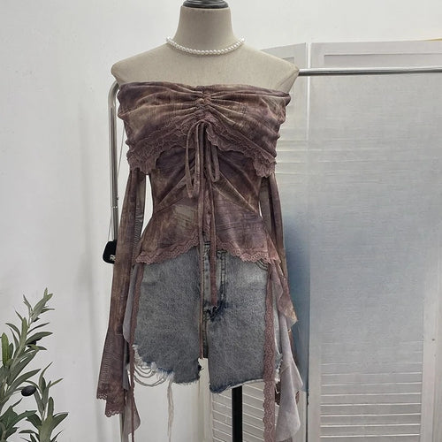 Load image into Gallery viewer, Slash Neck Tie-dye Harajuku T-shirts Streetwear Lace Patchwork Slim Fit Grunge Tops Women Y2k Aesthetic Vintage Drawstring Tees
