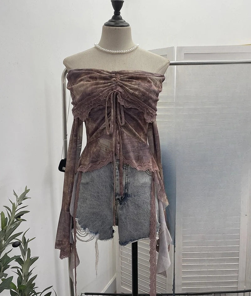 Slash Neck Tie-dye Harajuku T-shirts Streetwear Lace Patchwork Slim Fit Grunge Tops Women Y2k Aesthetic Vintage Drawstring Tees