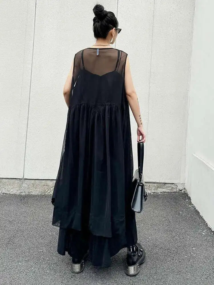Women Black Mesh Perspective Pleated Big Size Elegant Dress New Round Neck Sleeveless Fashion Spring Summer 2025  1DH5841