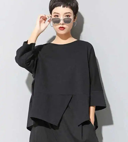 Women Black Back Ruffles Big Size Casual T-shirt New Round Neck Three-quarter Sleeve Fashion Spring Autumn 2025 1DF4682