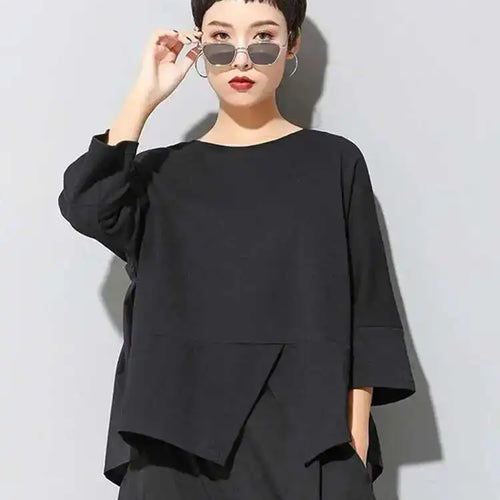Load image into Gallery viewer, Women Black Back Ruffles Big Size Casual T-shirt New Round Neck Three-quarter Sleeve Fashion Spring Autumn 2025 1DF4682
