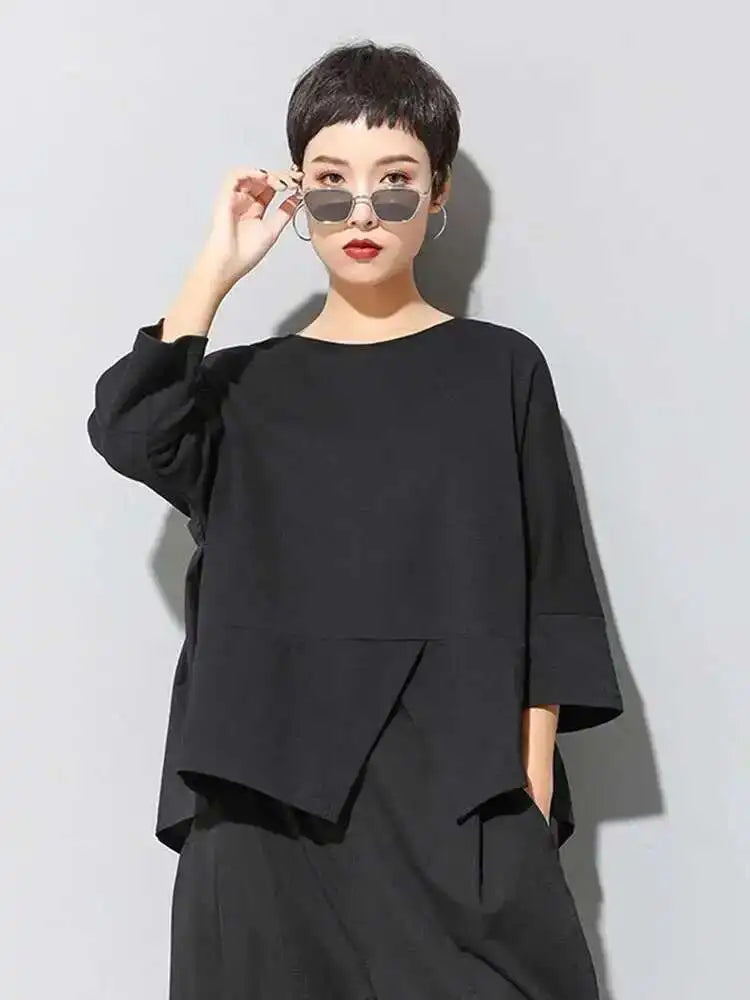Women Black Back Ruffles Big Size Casual T-shirt New Round Neck Three-quarter Sleeve Fashion Spring Autumn 2025 1DF4682